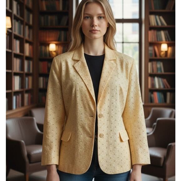 Sag Harbor Eyelet Jacket Lined 16P Yellow Button Down 3/4 Sleeve Office Chic - Picture 1 of 10